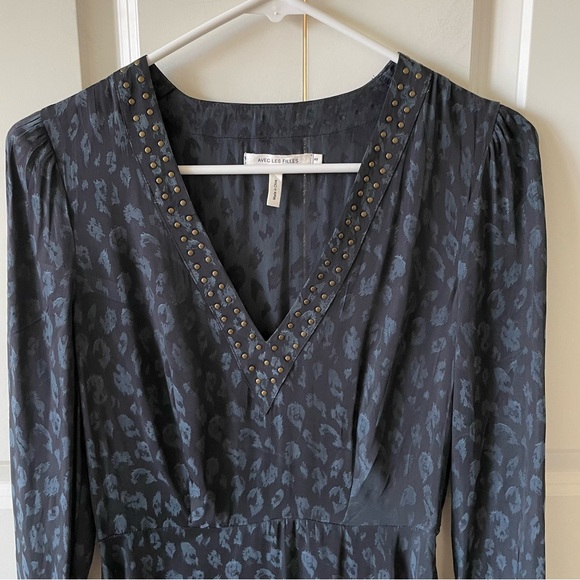 Avec Les Filles Leopard Print Blue & Black Long Sleeve Mini Dress Size XS - Picture 9 of 11